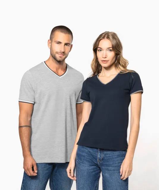 K374 - Heren-t-shirt piqué V-hals Navy / Light Grey / White
