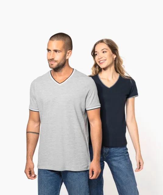 K374 - Heren-t-shirt piqué V-hals Navy / Light Grey / White