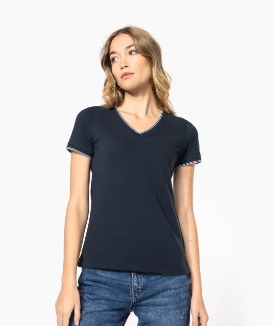 K394 - Dames-t-shirt piqué V-hals Navy / Light Grey / White