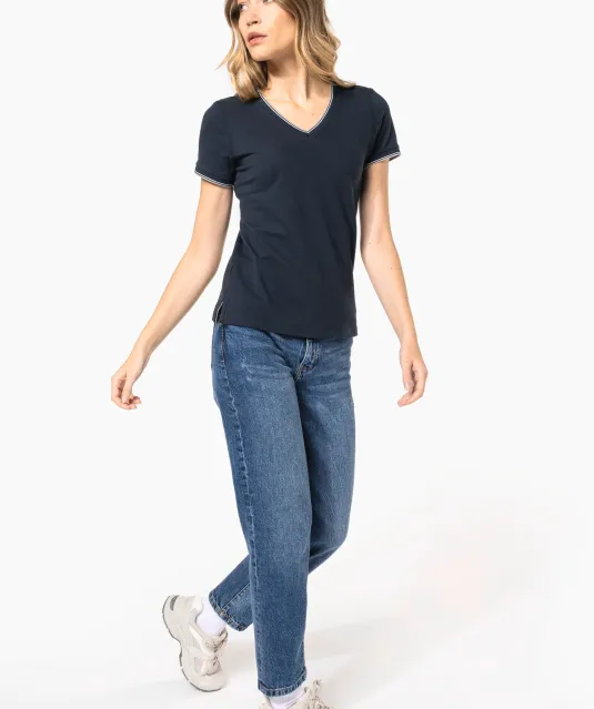 K394 - Dames-t-shirt piqué V-hals Navy / Light Grey / White