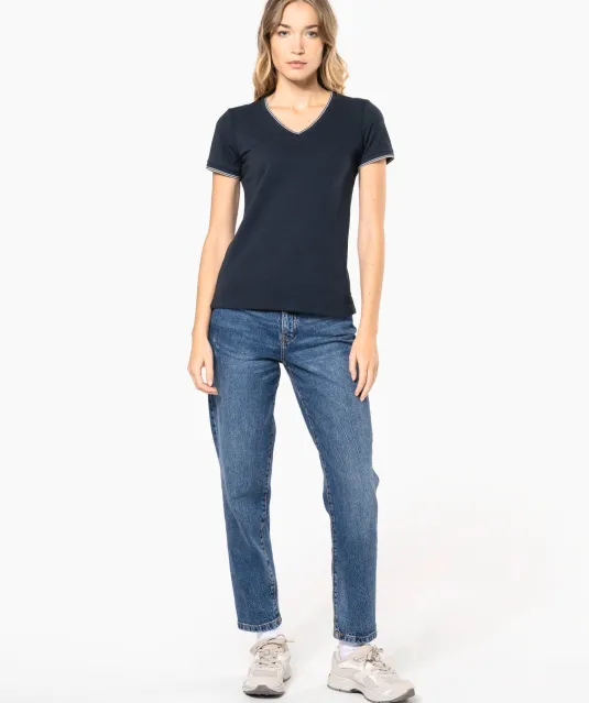 K394 - Dames-t-shirt piqué V-hals Navy / Light Grey / White
