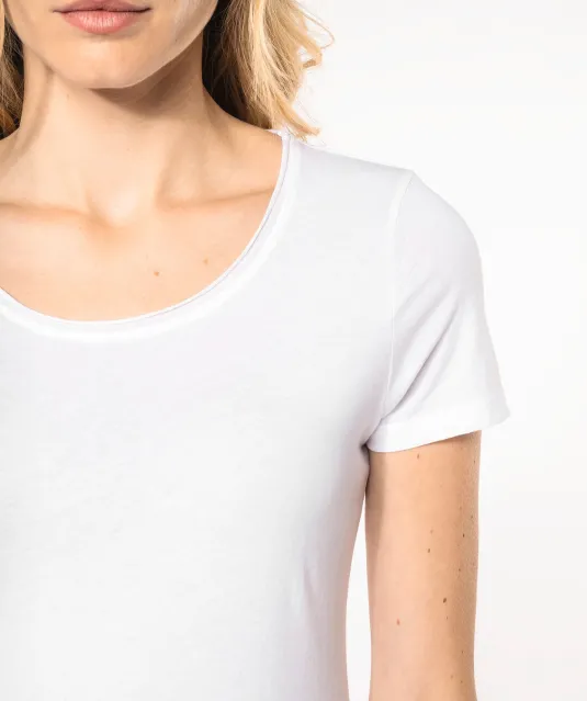K399 - Bio dames-t-shirt kraag met onafgewerkte rand korte mouwen White