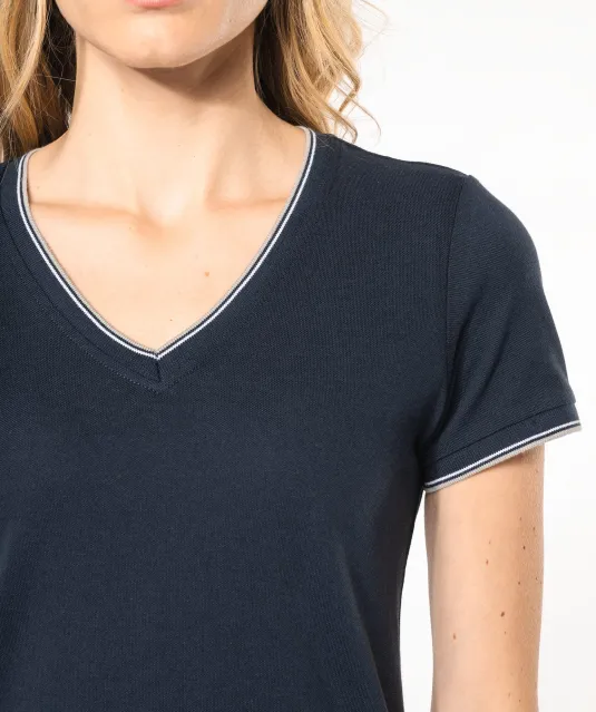 K394 - Dames-t-shirt piqué V-hals Navy / Light Grey / White