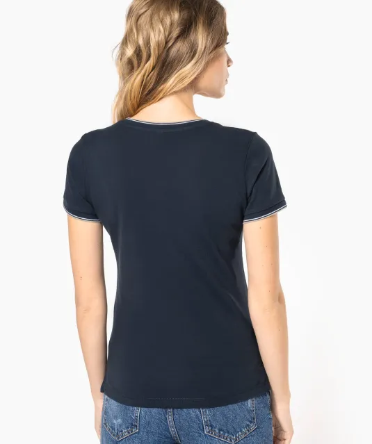 K394 - Dames-t-shirt piqué V-hals Navy / Light Grey / White