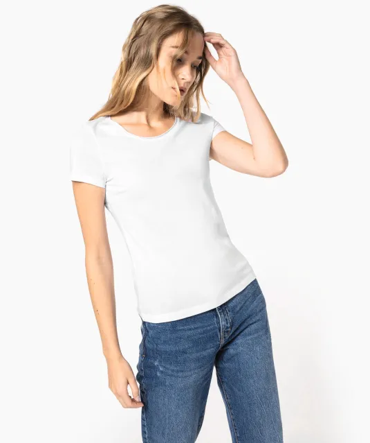 K399 - Bio dames-t-shirt kraag met onafgewerkte rand korte mouwen White