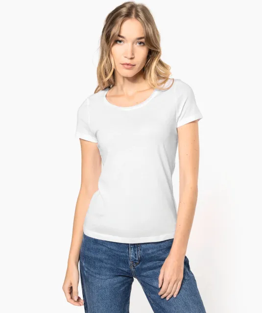 K399 - Bio dames-t-shirt kraag met onafgewerkte rand korte mouwen Black