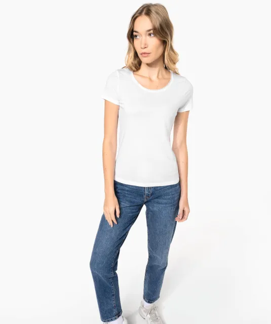 K399 - Bio dames-t-shirt kraag met onafgewerkte rand korte mouwen White