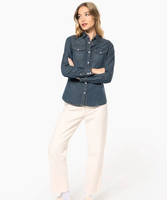 K518 - Dames denim blouse lange mouwen Blue Jean