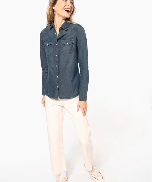 K518 - Dames denim blouse lange mouwen Blue Jean