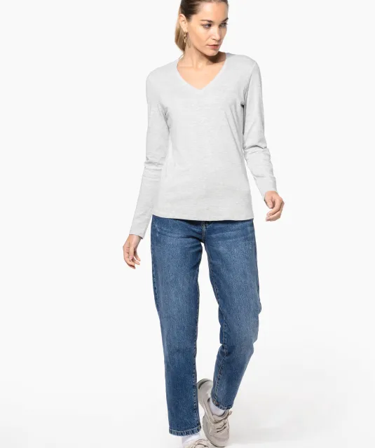 K382 - Dames t-shirt V-hals lange mouwen White
