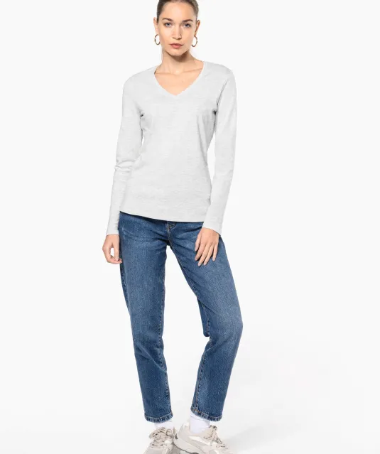 K382 - Dames t-shirt V-hals lange mouwen White