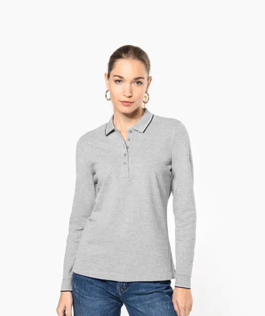 K281 - Dames polo van piquétricot met lange mouwen Black / Light Grey / White
