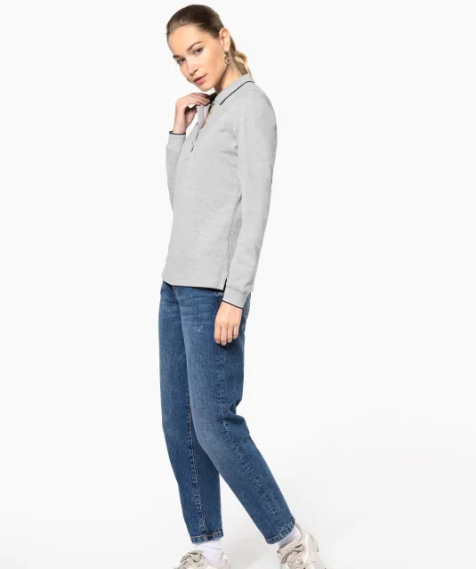 K281 - Dames polo van piquétricot met lange mouwen Black / Light Grey / White