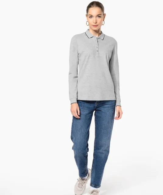 K281 - Dames polo van piquétricot met lange mouwen Black / Light Grey / White