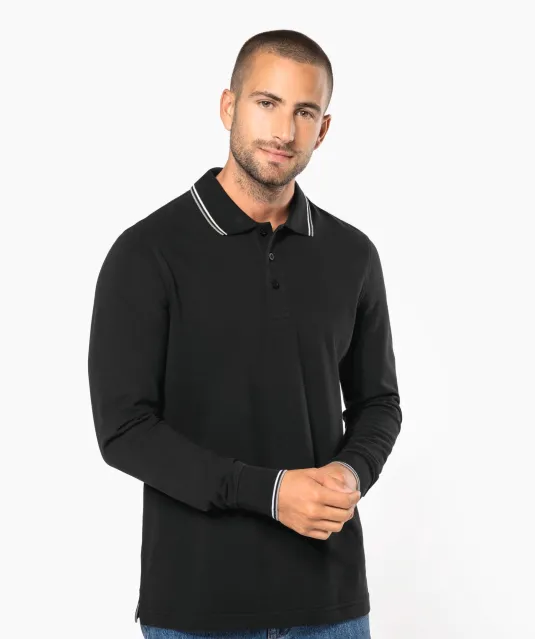 K280 - Heren polo van piquétricot met lange mouwen Black / Light Grey / White