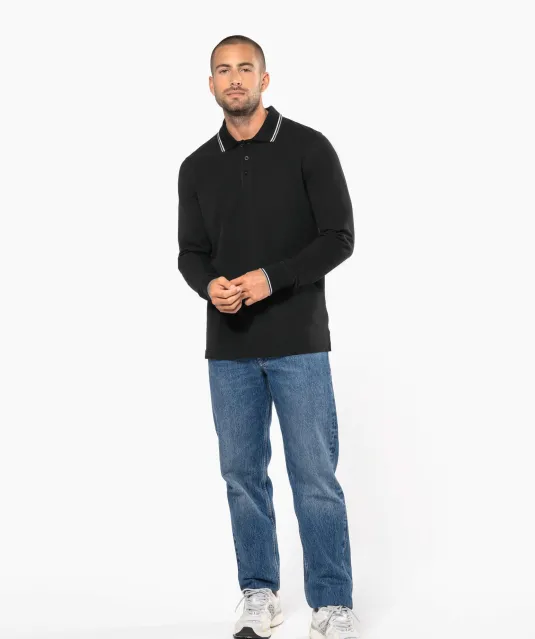 K280 - Heren polo van piquétricot met lange mouwen Black / Light Grey / White
