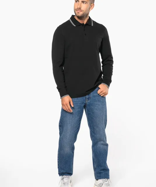 K280 - Heren polo van piquétricot met lange mouwen Black / Light Grey / White
