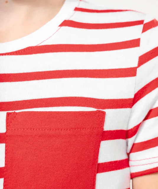 K379 - Gestreept T-shirt met zak en korte mouwen kids White / Navy Stripes