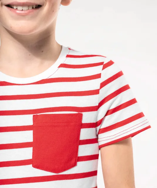 K379 - Gestreept T-shirt met zak en korte mouwen kids White / Navy Stripes