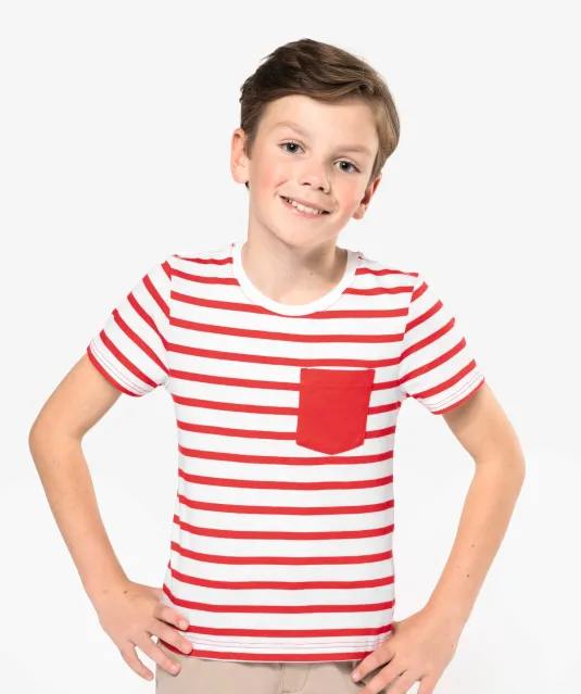 K379 - Gestreept T-shirt met zak en korte mouwen kids White / Navy Stripes