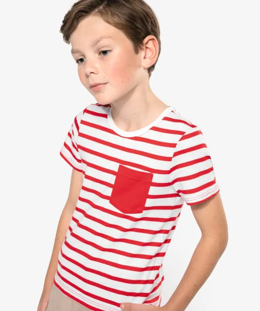 K379 - Gestreept T-shirt met zak en korte mouwen kids White / Navy Stripes