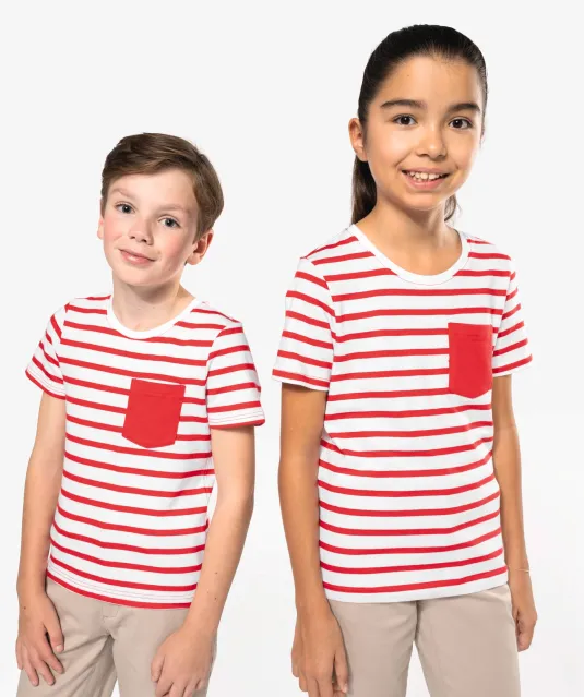 K379 - Gestreept T-shirt met zak en korte mouwen kids White / Navy Stripes