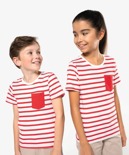 K379 - Gestreept T-shirt met zak en korte mouwen kids White / Navy Stripes