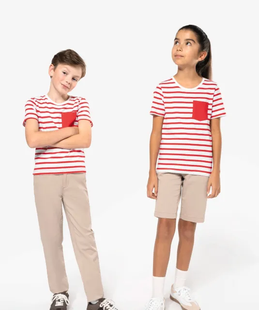 K379 - Gestreept T-shirt met zak en korte mouwen kids White / Navy Stripes
