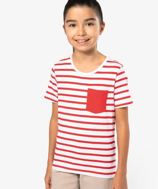 K379 - Gestreept T-shirt met zak en korte mouwen kids White / Navy Stripes