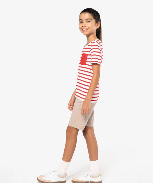 K379 - Gestreept T-shirt met zak en korte mouwen kids White / Navy Stripes