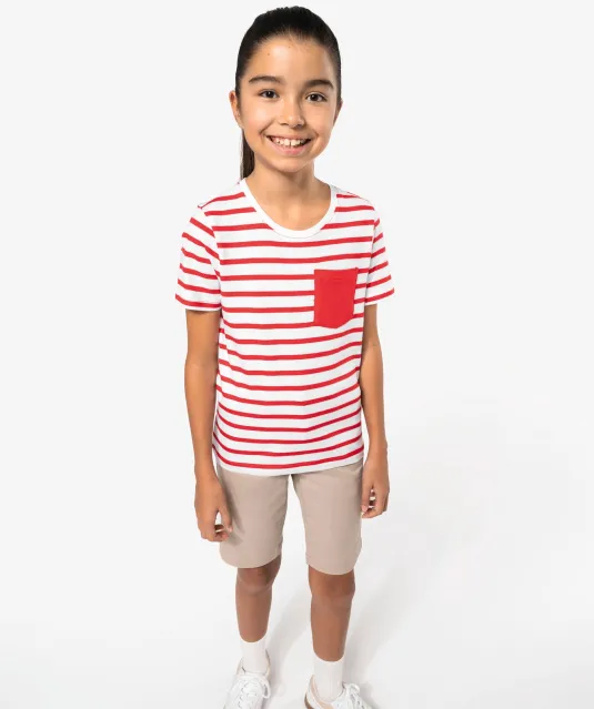 K379 - Gestreept T-shirt met zak en korte mouwen kids White / Navy Stripes