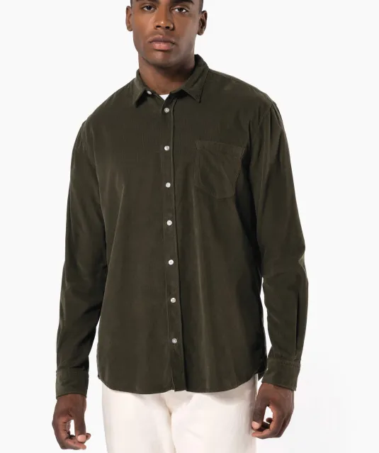 K599 - Heren overhemd met lange mouwen in ribfluweel Washed Brandy