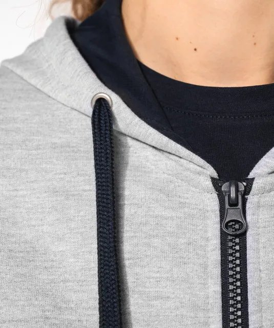 K467 - Damessweater met rits en capuchon in contrasterende kleur Black / Fine Grey