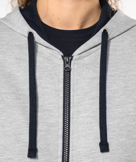 K467 - Damessweater met rits en capuchon in contrasterende kleur Black / Fine Grey