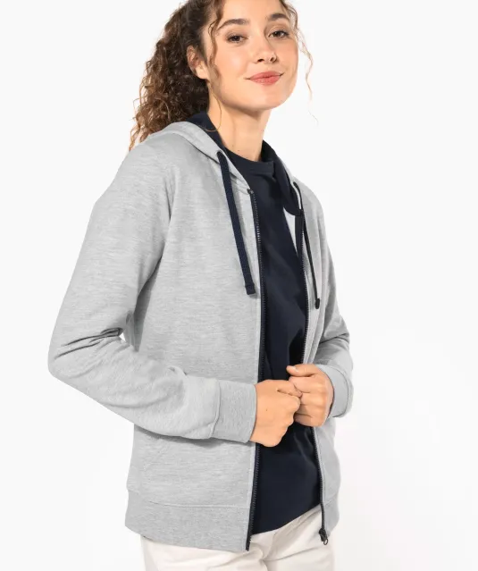 K467 - Damessweater met rits en capuchon in contrasterende kleur Black / Fine Grey