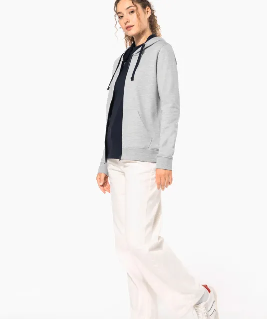 K467 - Damessweater met rits en capuchon in contrasterende kleur Black / Fine Grey