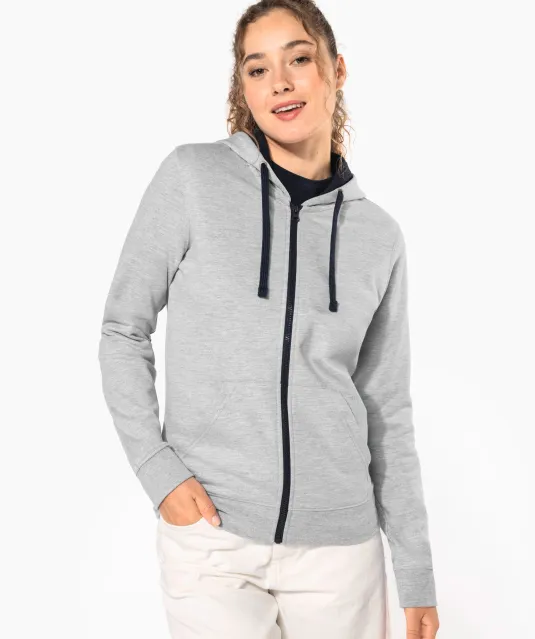K467 - Damessweater met rits en capuchon in contrasterende kleur Black / Fine Grey