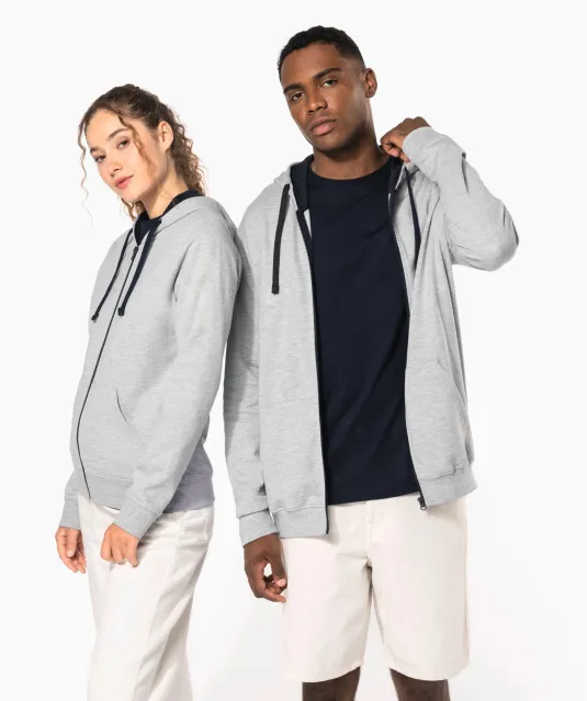 K467 - Damessweater met rits en capuchon in contrasterende kleur Black / Fine Grey