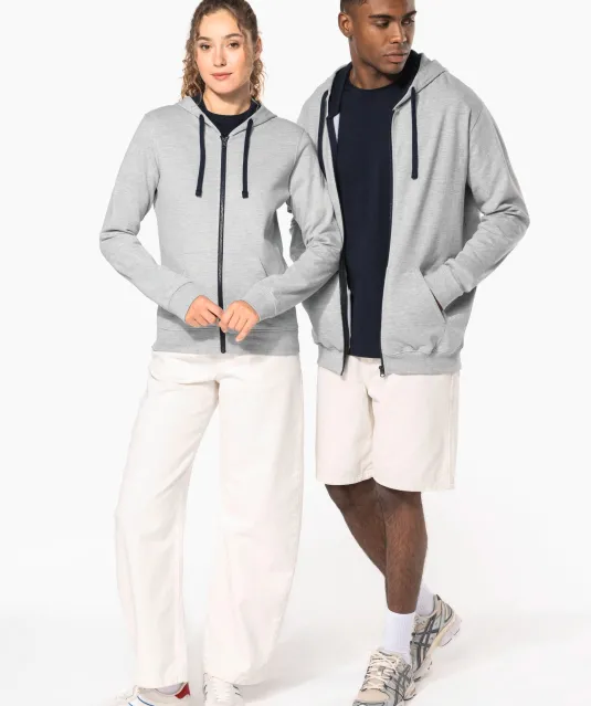 K467 - Damessweater met rits en capuchon in contrasterende kleur Black / Fine Grey