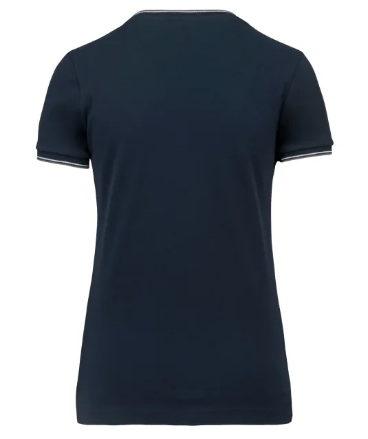 K394 - Dames-t-shirt piqué V-hals Navy / Light Grey / White