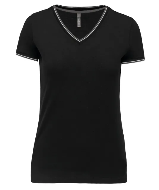 K394 - Dames-t-shirt piqué V-hals Black / Light Grey / White