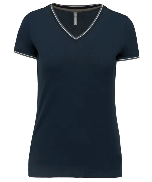 K394 - Dames-t-shirt piqué V-hals Navy / Light Grey / White