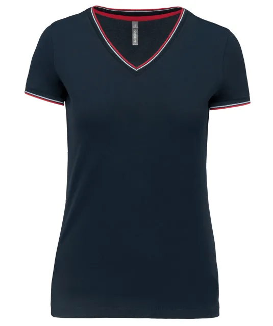 K394 - Dames-t-shirt piqué V-hals Navy / Red / White