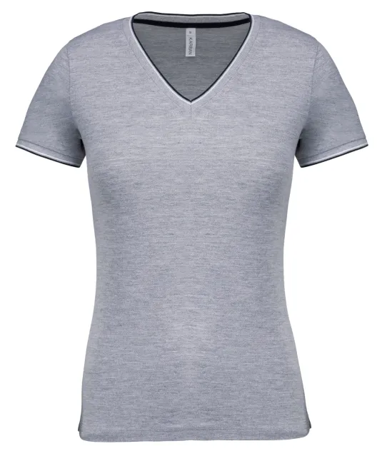 K394 - Dames-t-shirt piqué V-hals Oxford Grey / Navy / White