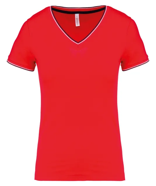 K394 - Dames-t-shirt piqué V-hals Red / Navy / White