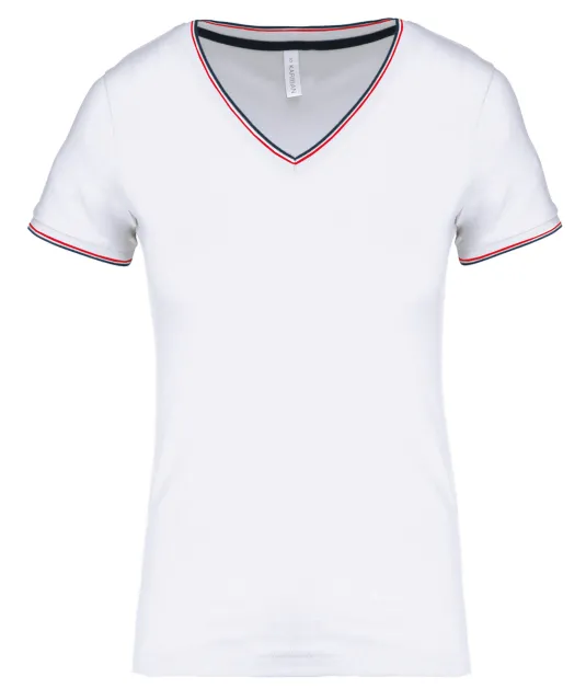 K394 - Dames-t-shirt piqué V-hals White / Navy / Red