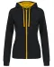 K467 - Damessweater met rits en capuchon in contrasterende kleur Black / Yellow