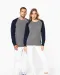 K491 - Tweekleurige herensweater BIO French Terry ronde hals raglanmouwen French Navy Heather / Grey Heather